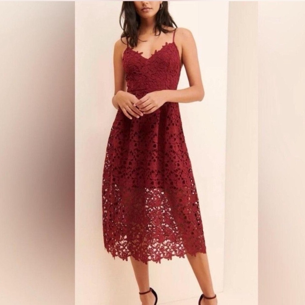 ASTR the Label Lace Midi Dress Wine Burgundy Floral Crochet ALD42049 Womens M